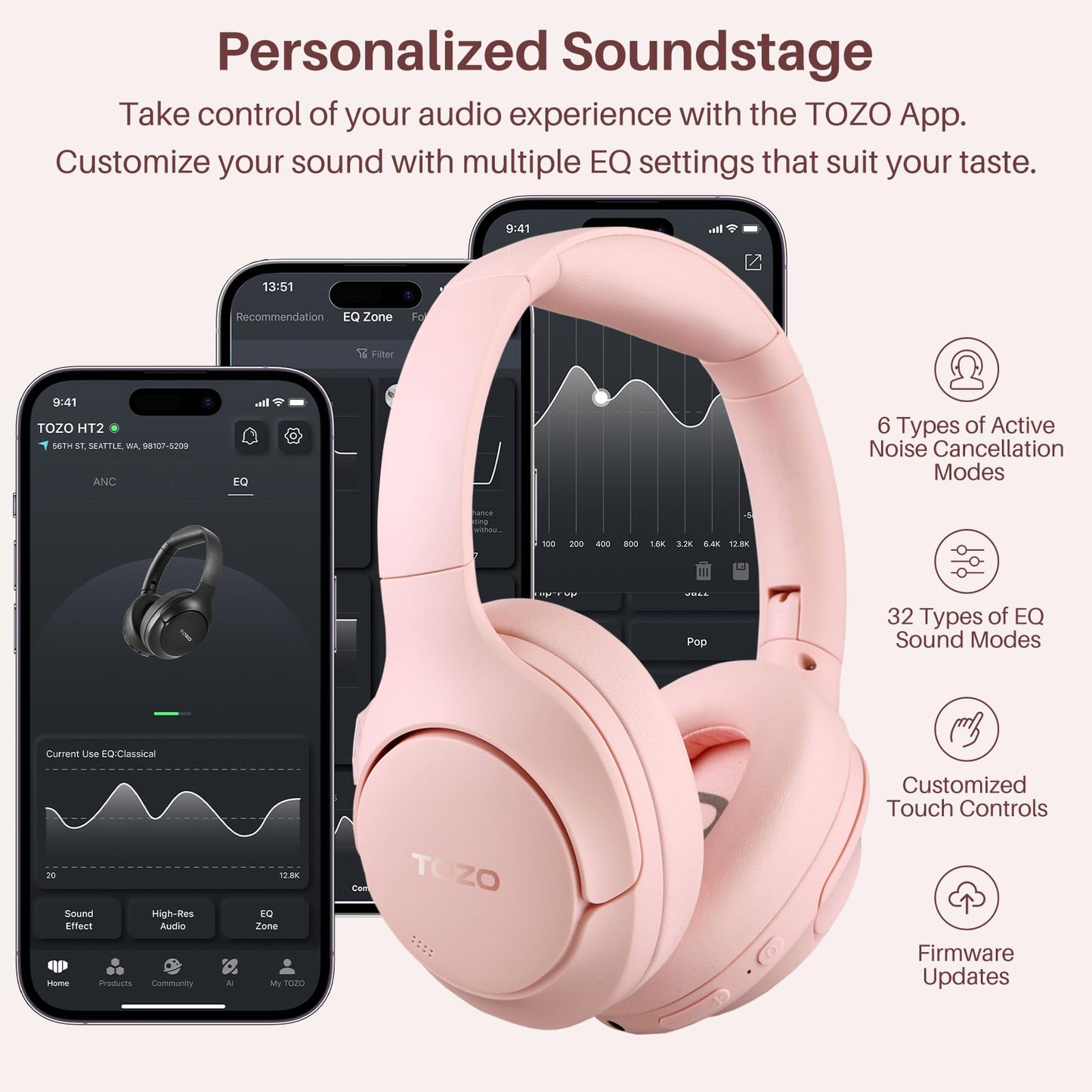 TOZO Hybrid Active Noise Cancelling Headphones, Wireless Over Ear Bluetooth Headset, 60H Playtime, Hi-Res Audio Custom EQ via App Deep Bass Comfort…