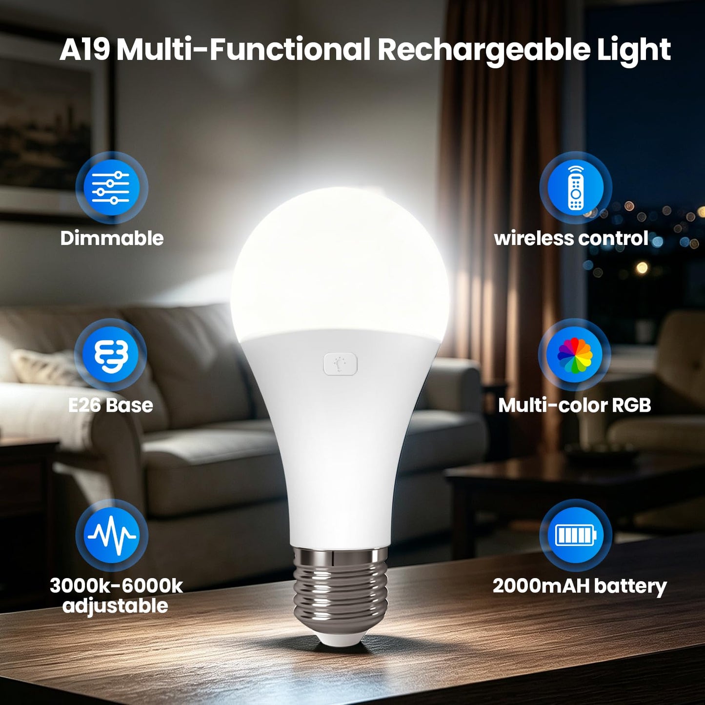 Rechargeable Light Bulbs with Remote, E26 A19 40W Equivalent LED Bulb
