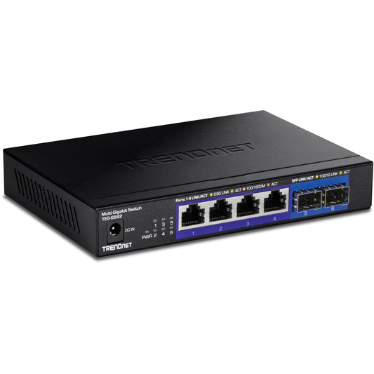 TRENDnet 6-Port Unmanaged Multi-Gig Switch, 4 x 2.5GBASE-T Ports, 2 x 10G SFP+ Ports Fanless, Compact Desktop Design, Metal Housing,Black, TEG-S562