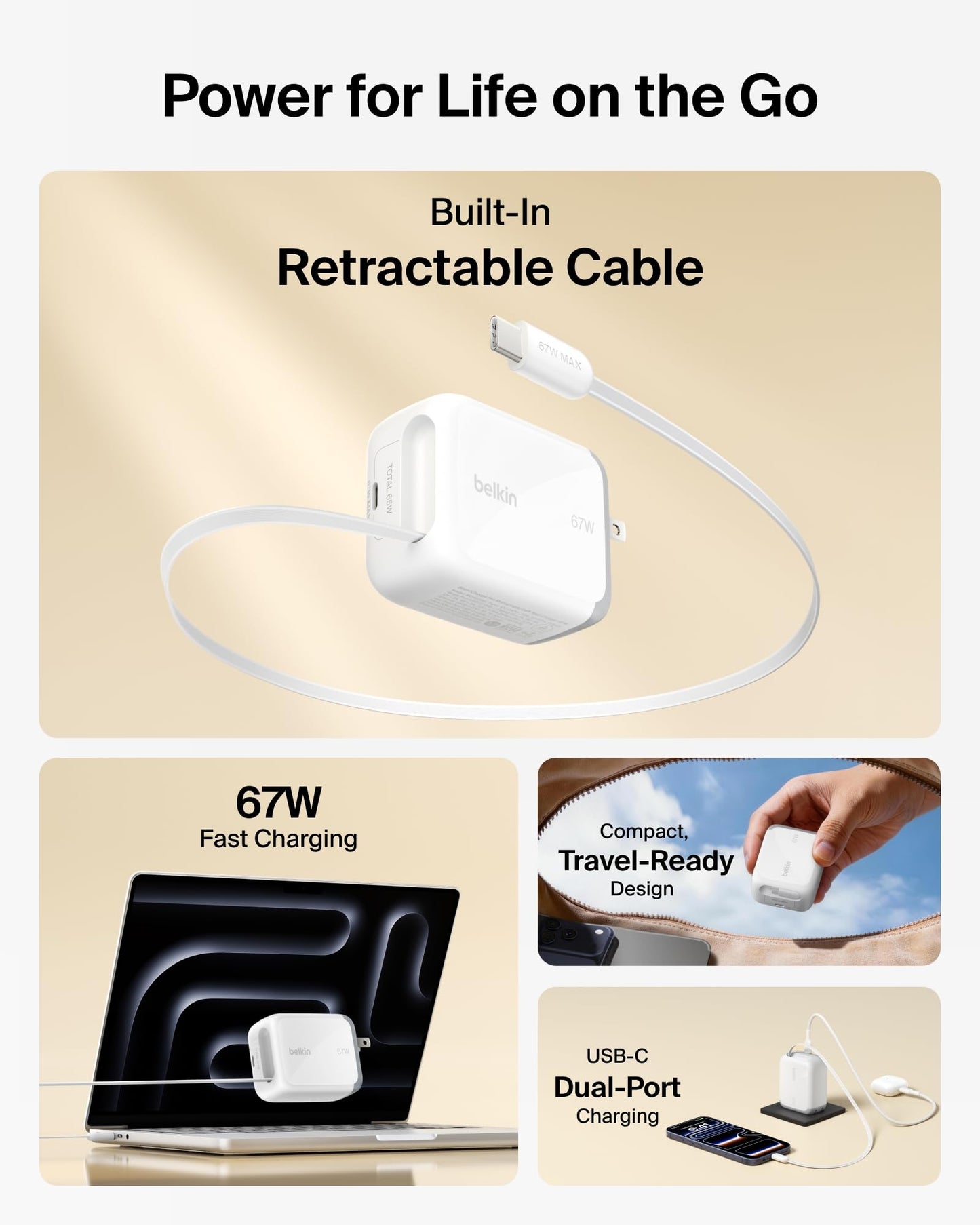 Belkin USB C Retractable Wall Charger, 67W Max GaN Fast Charging Block w/Built-in, Extra-Long 3.3ft Retractable Cable - iPhone Charger for iPhone