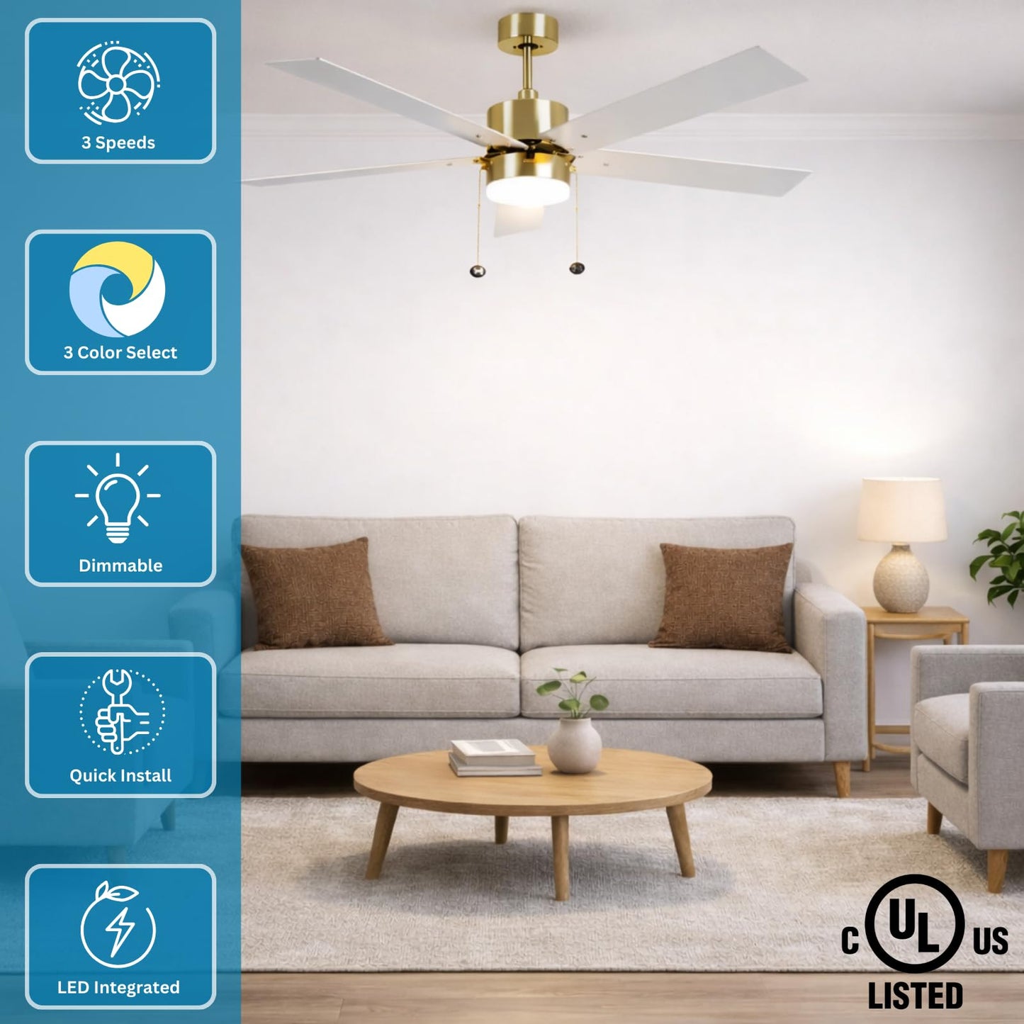 HOMEnhancements 52 Inch Ceiling Fan with Light Modern Champagne Gold Ceiling Fan with Pull Chain for Bedroom Living Room 3 Color Temprature LED Light