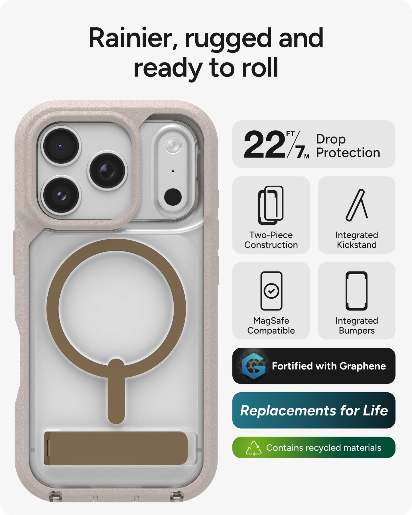 ZAGG Rainier Case with Kickstand for iPhone 17 Pro - Black, Graphene 22ft (7m) Drop Protection, Lanyard Attach Points, MagSafe, Wireless Charging