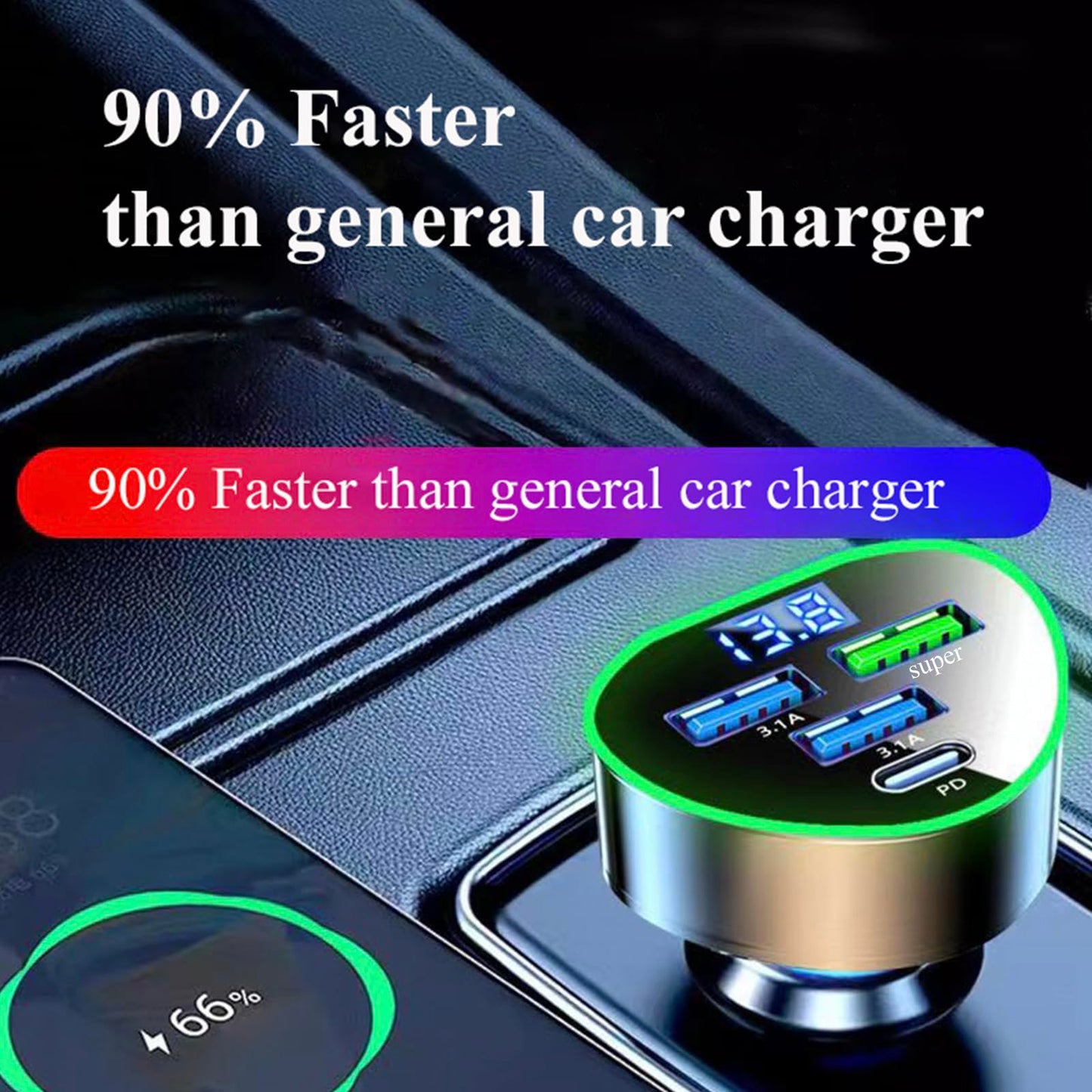 4 in 1 Multi Port USB C Car Phone Charger Adapter with Voltage Display, QC4.0/PPS/AFC Super Fast Cigarette Lighter USB Charge with Volt Meter