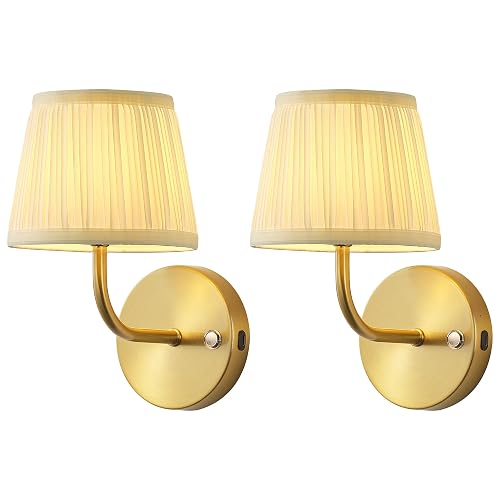 PUSU LED Cordless Gold H9.6 inch Small Wall Sconces Set of 2, Rechargeable 5200mAh Battery Operated Fabric Wall Lamp with Remote, Lighting for Living