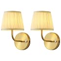 PUSU LED Cordless Gold H9.6 inch Small Wall Sconces Set of 2, Rechargeable 5200mAh Battery Operated Fabric Wall Lamp with Remote, Lighting for Living
