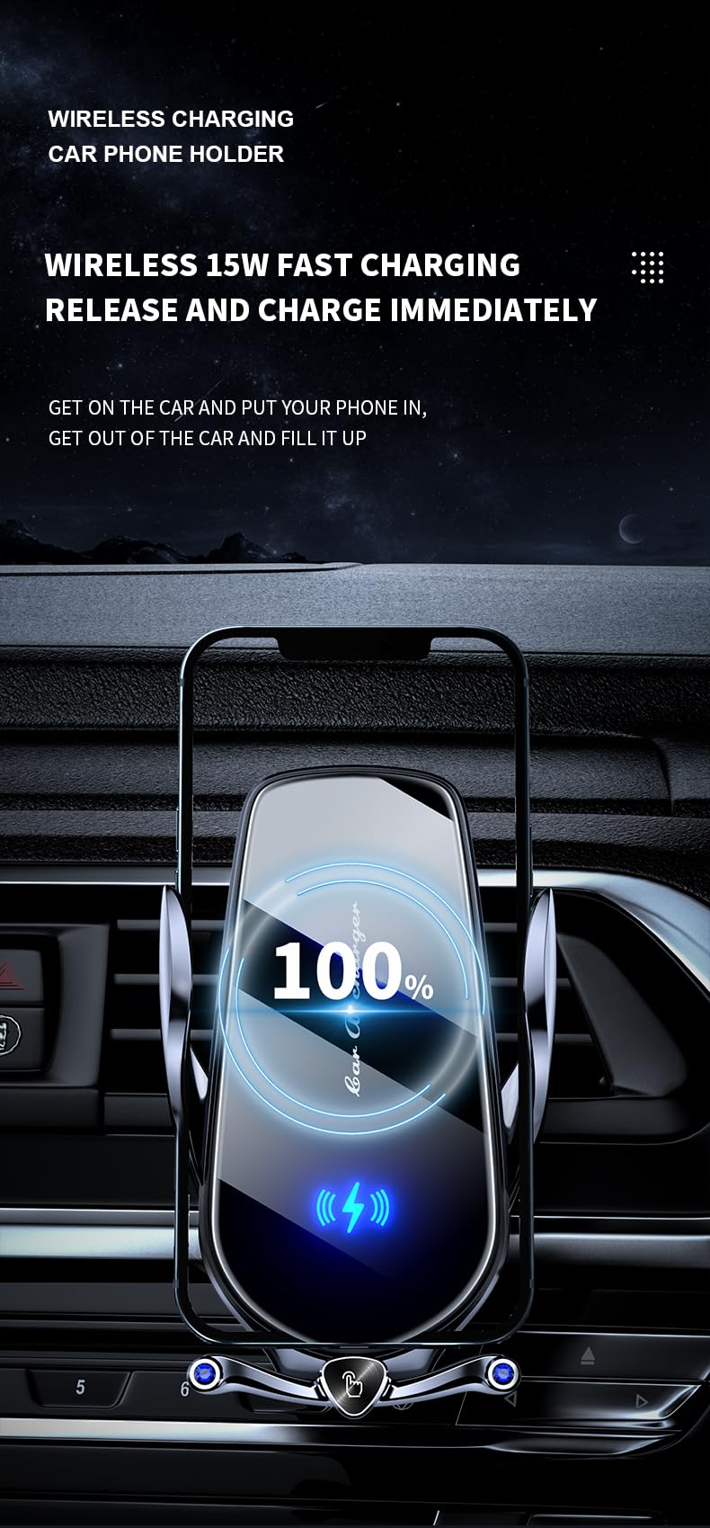 WALkfb Wireless Car Charger, 15W Fast Charging Auto Clamping Car Charger Cell Phone Holder, Universal Hands-Free Car Charger Holder, Vent Touch