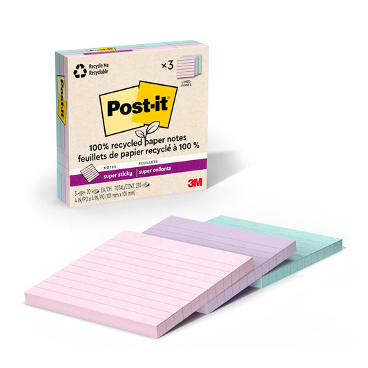 Post-it 100% Lined Recycled Super Sticky Notes, 3 x 3 in, Pastels, 18 Pads