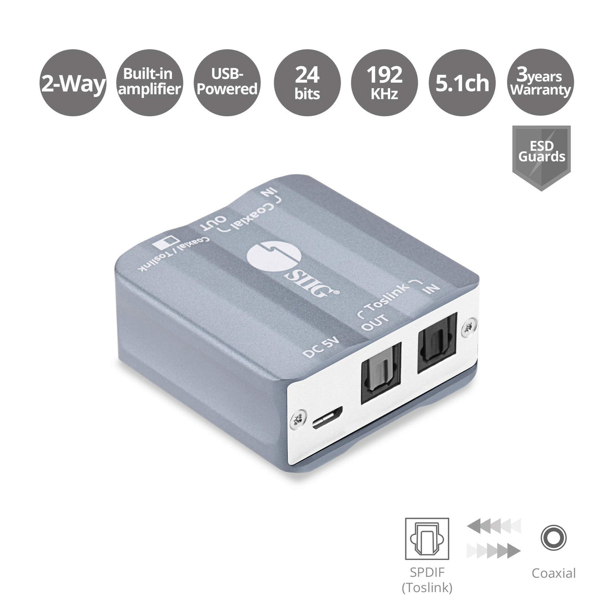SIIG Bidirectional Toslink/Coax Audio Converter, 192kHz, TAA, CE-AU0311-S1