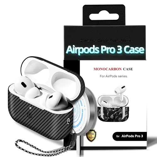 MONOCARBON Real Carbon Fiber Case for AirPods Pro 3, Slim Protective Hard Cover with Lanyard, Compatible with MagSafe, Scratch-Resistant