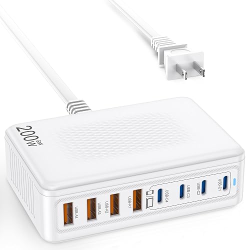 KTDRJN USB C Charger 200W,Upgraded GaN 8-Port Fast Charging Station Hub,Laptop Charger Adapter,Wall Charger Power Compatible with iPhone17/16/15/14/13