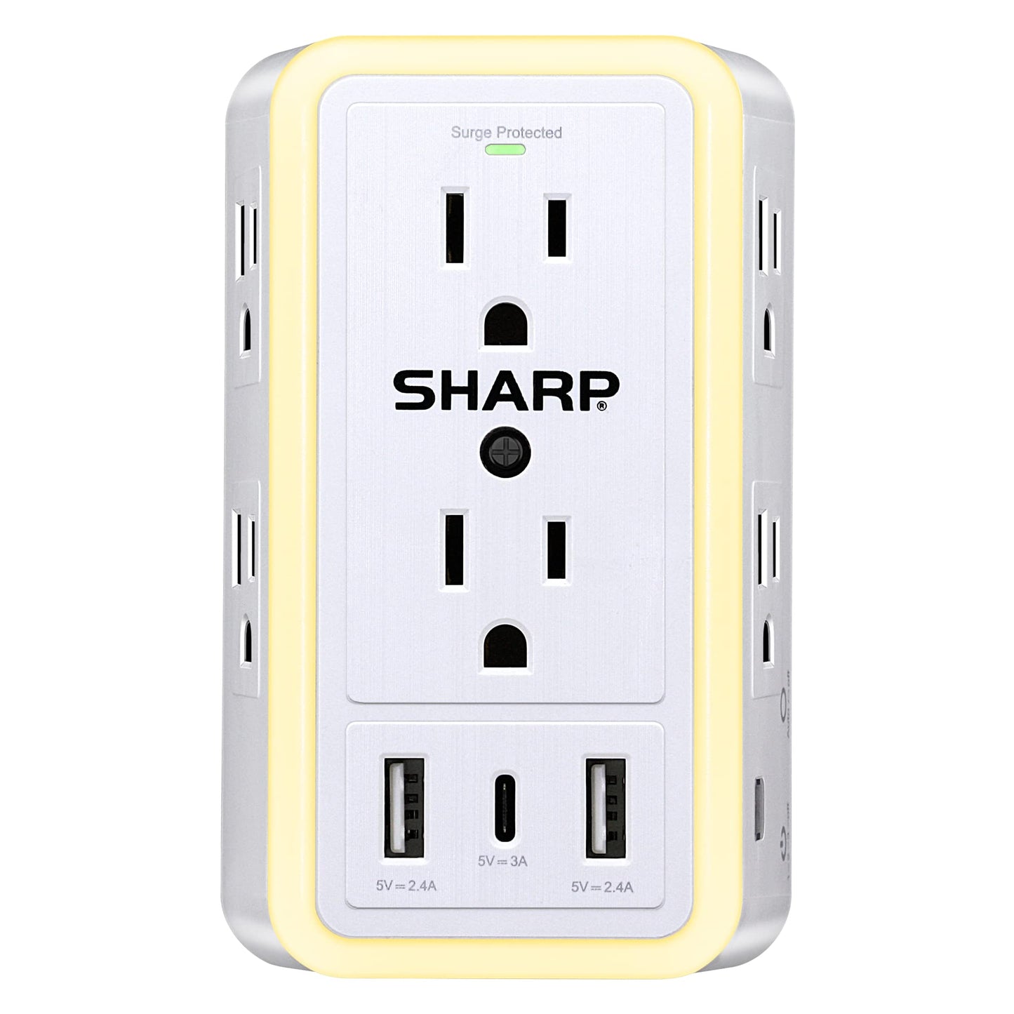 Sharp Wall Charger, Surge Protector, Outlet Extender With 6 Wide Spaced Outlets, Fast Charge, 2 USB-A and 1 Type-C, Smart AutoSense Nightlight, White