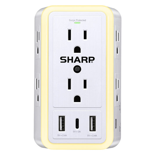 Sharp Wall Charger, Surge Protector, Outlet Extender With 6 Wide Spaced Outlets, Fast Charge, 2 USB-A and 1 Type-C, Smart AutoSense Nightlight, White