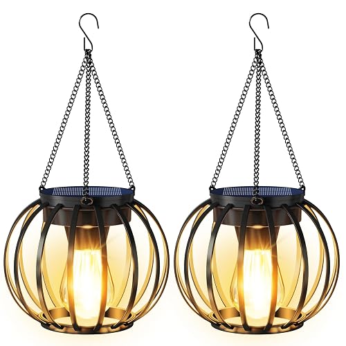 AOUNQ Solar Lanterns Outdoor Waterproof 2 Pack, 14.37" Metal Hanging Solar Lights for Outside with Auto On/Off & Hook - Brighter Hanging Outdoor