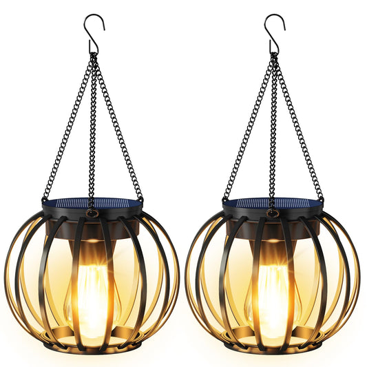 AOUNQ Solar Lanterns Outdoor Waterproof 2 Pack, 14.37" Metal Hanging Solar Lights for Outside with Auto On/Off & Hook - Brighter Hanging Outdoor