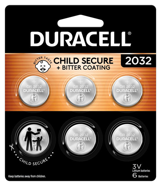 Duracell 2032 Lithium Battery, 6 Count (Pack of 1), Compatible with AirTag, Child Safety Features, Key Fob, CR2032 3V Cell