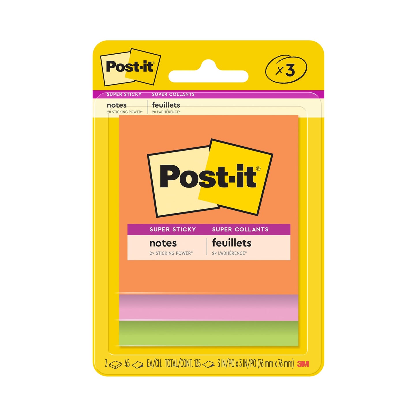 Post-it Super Sticky Notes, 3 x 3 in, Neon Fizz, 3 Pads, 45 Sheets/Pad