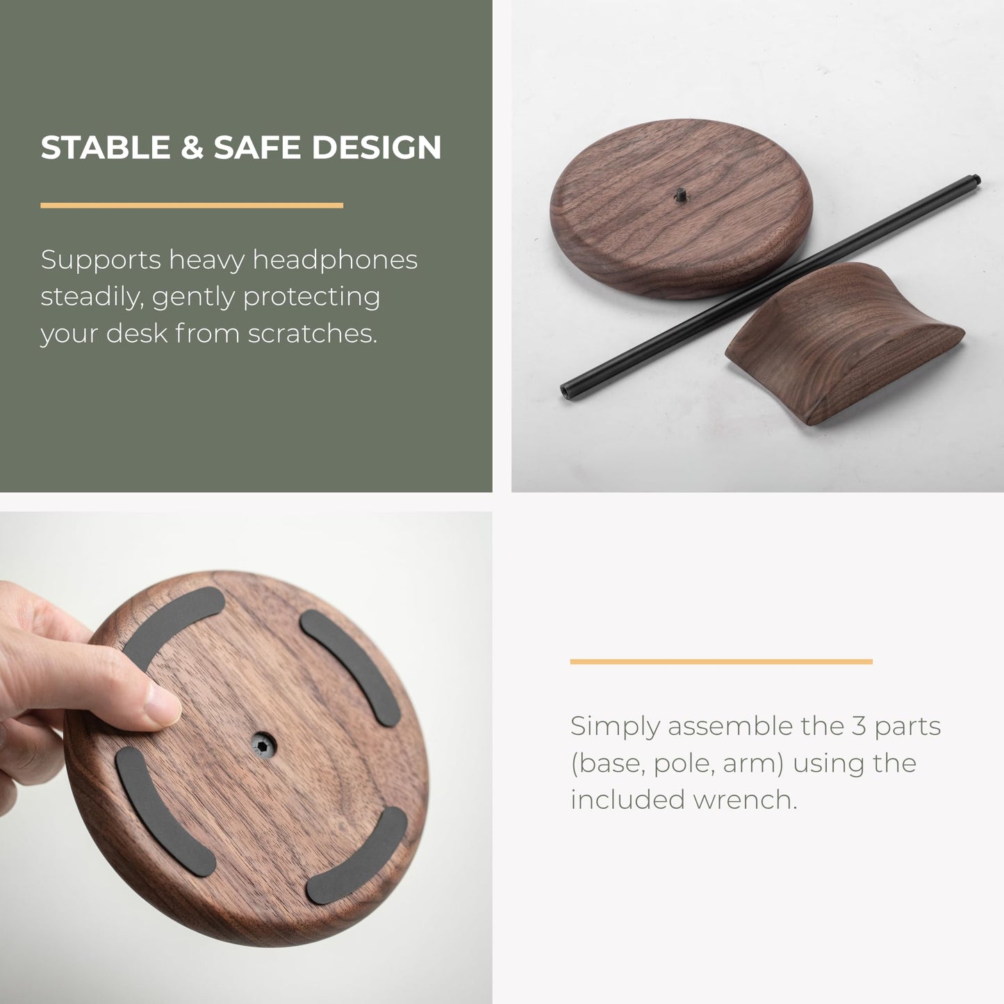 muso wood Walnut Wood & Aluminum Headset Stand, Desktop Headphone Stand, Headset Holder with Anti-slip Pad, Headphone Holder with Storage Base