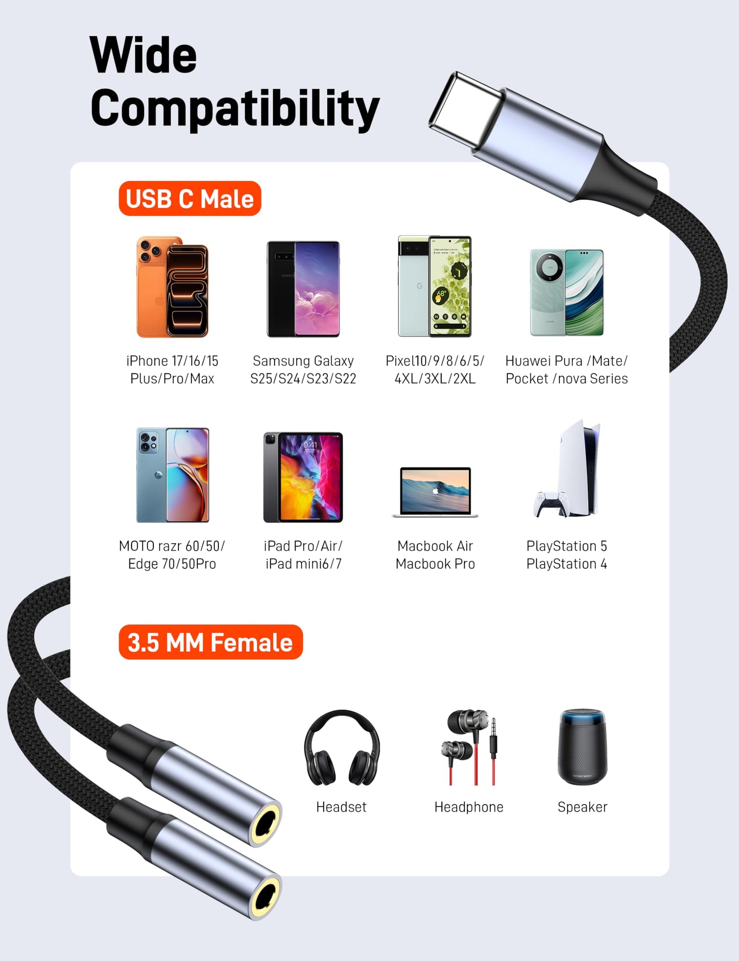 KAYQINHO USB C to Dual 3.5mm Female Headphone Splitter, Type C to Dual 3.5mm Female Aux Y Jack Splitter Headphone Microphone Adapter for iPhone 17 16