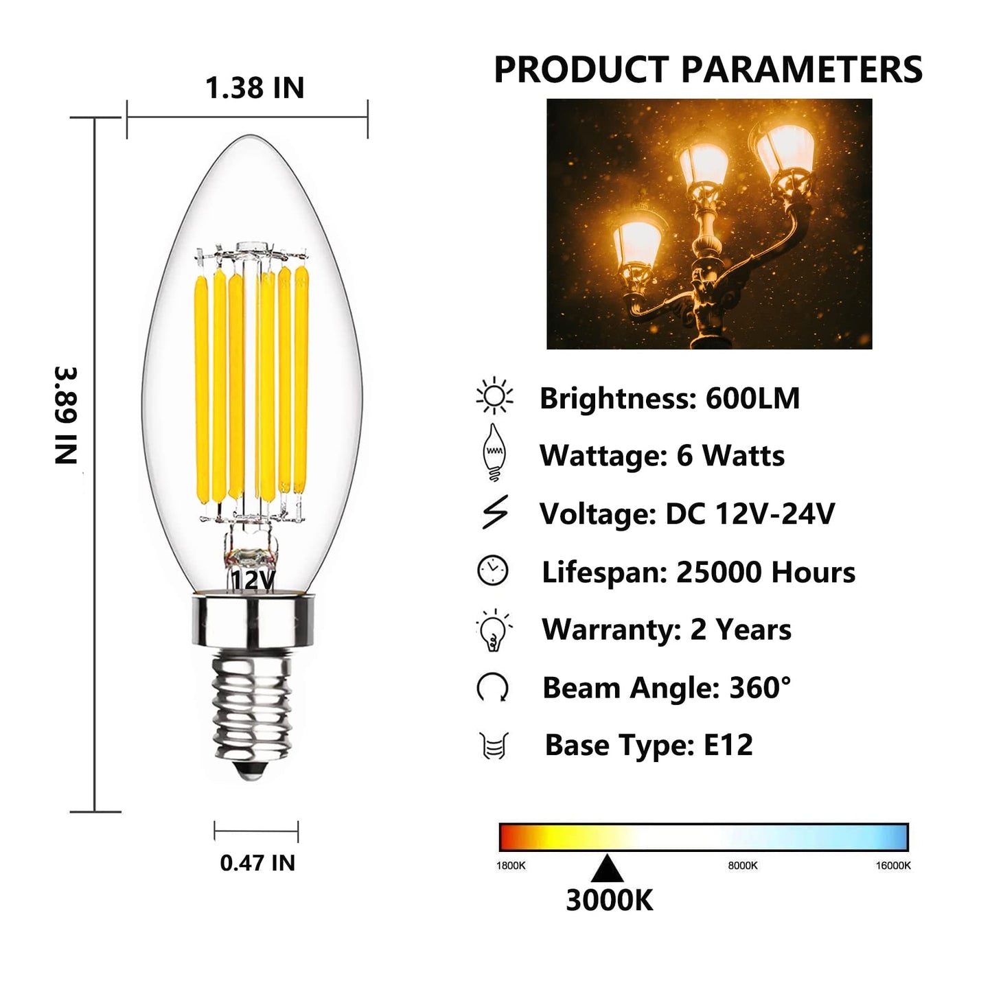 SHUWDKAR 12 Volt LED Candelabra Light Bulbs 60 Watt Equivalent E12 LED Bulb