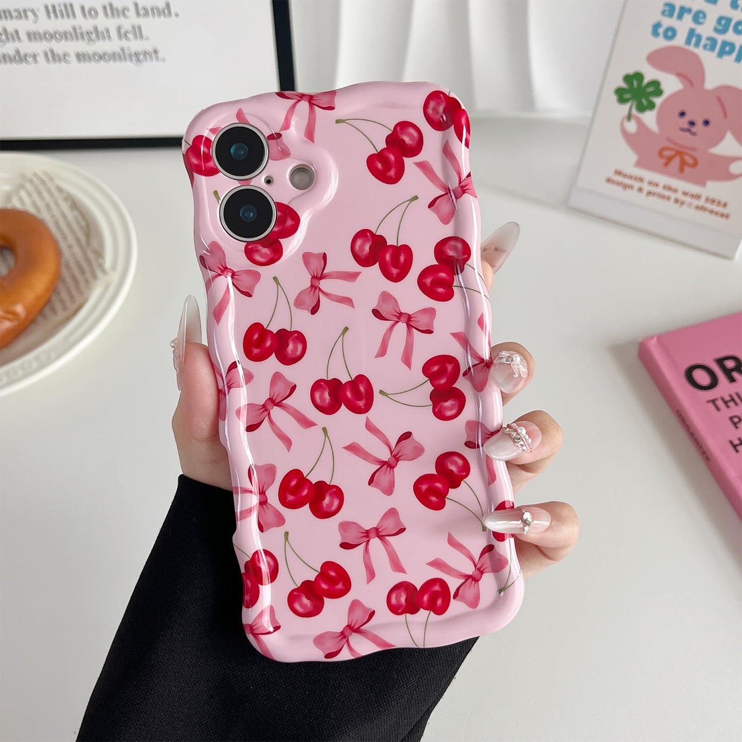 branple Compatible with iPhone 16 Plus Case, Cute Wave Curly Pink Cherry Bow Phone Case for Women, Soft TPU Shockproof Protection Cover Designed