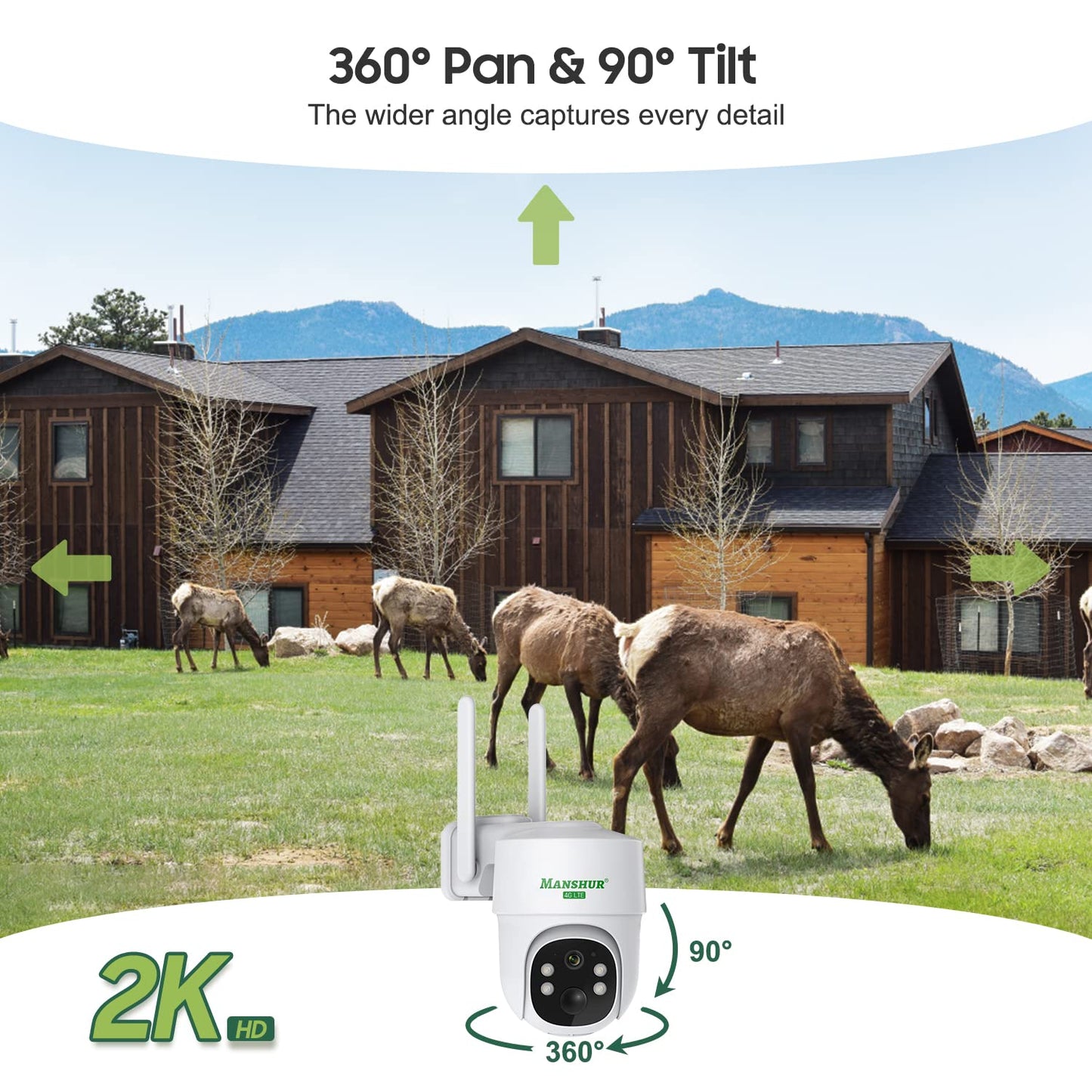 Manshur® 4G LTE Cellular Security Camera Outdoor Wireless, Cameras Without WiFi Needed 360°PTZ 2K/3MP Color Night Vision, 2 Way Talk, PIR Motion