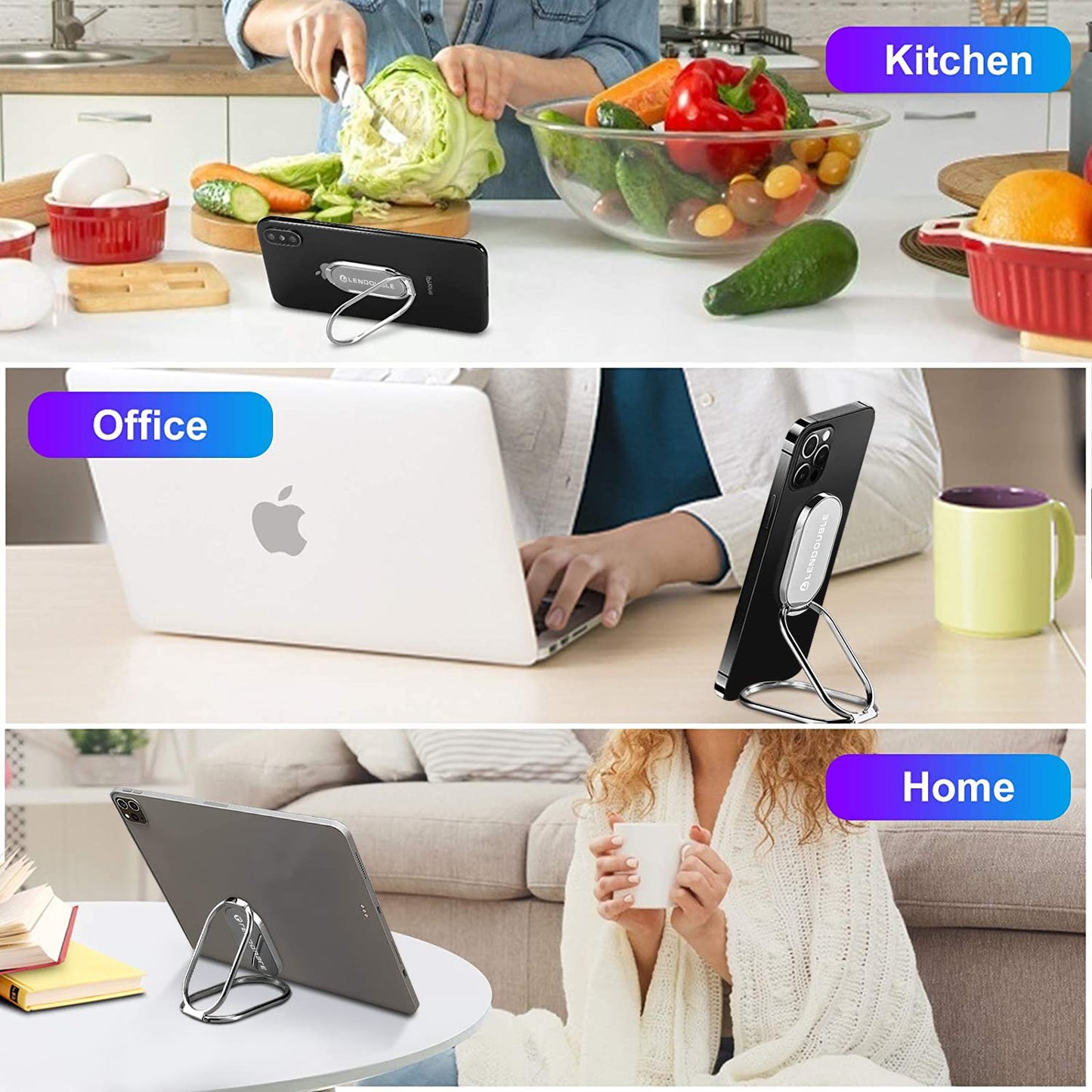 Foldable Cell Phone Stand for Desk, Adjustable Cellphone Ring Holder Finger Kickstand for Office Desktop & Magnetic Car Mount, Rotatable Multi-Angle