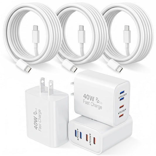 iPhone 17 16 15 Fast Charger,4 Port 40W USB C Charging Block 3Pack Phone Charger Multiport Adapter Apple Charger with 6Foot USB C to C Cable Cord