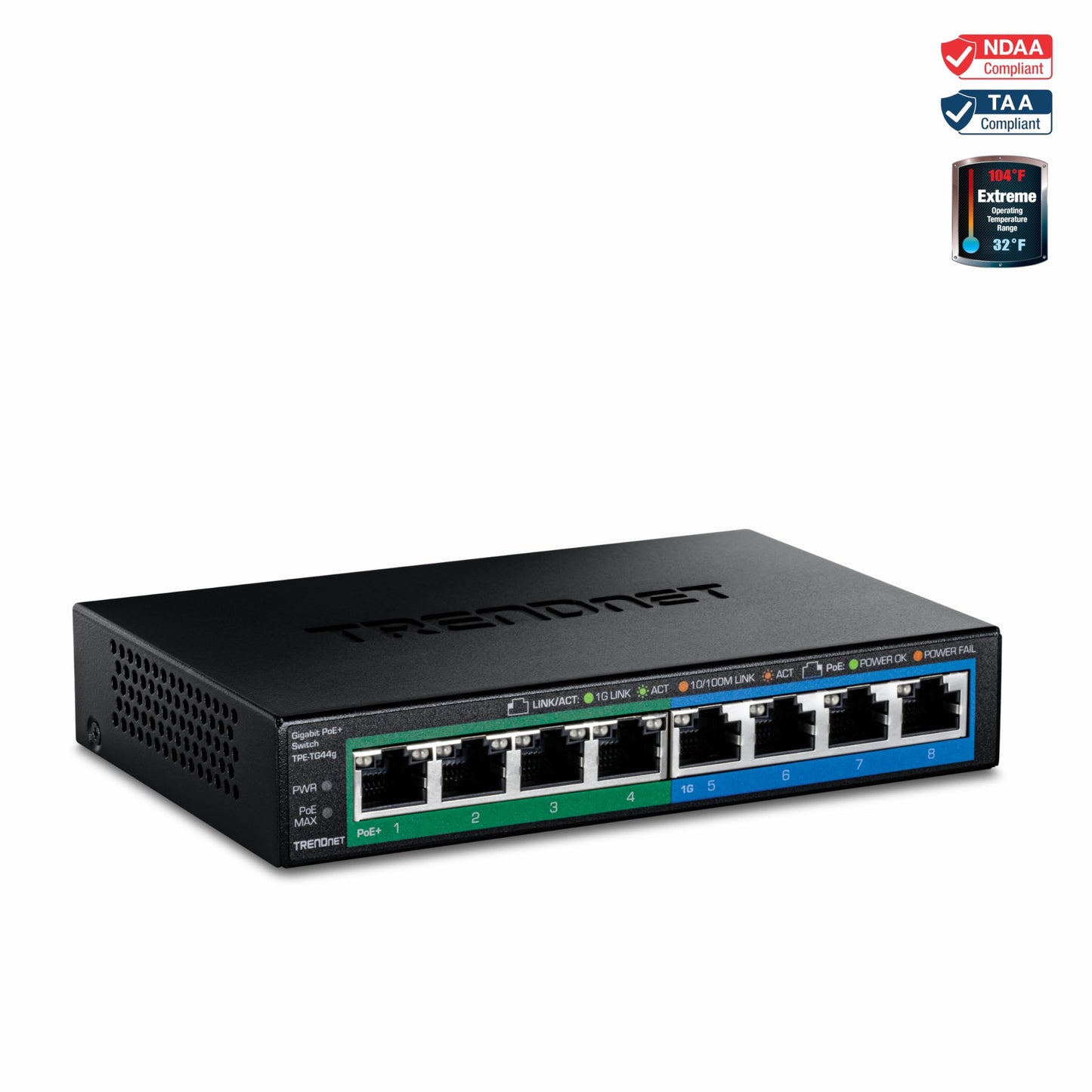 TRENDnet 8-Port Gigabit GREENnet PoE+ Switch, TPE-TG44G, 4 x Gigabit PoE/PoE+ Up to 30 W/Port, 4 x Gigabit, 61 W Power Budget, 16 Gbps Switch