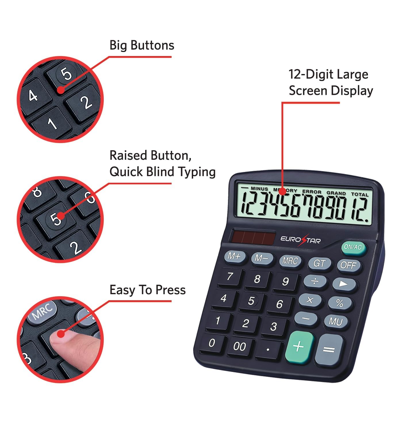 EUROSTAR C6120OS 12 Digit Large Display Calculator, Black