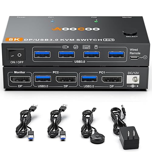 DP KVM Switch 2 Computers 1 Monitor, 8K@60Hz/4K@240Hz Single Monitor KVM Switch for 2 PC Share 1 Monitor and USB3.0 Devices, with USB