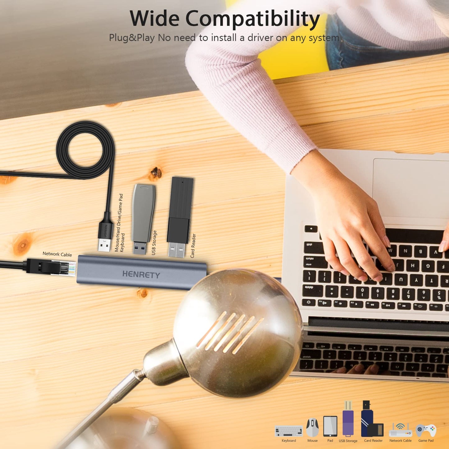 USB to Ethernet Adapter, 4-in-1 Portable Data Hub USB Splitter USB 3.0 Expander with RJ45 Gigabit Ethernet LAN Network Adapter Support Windows