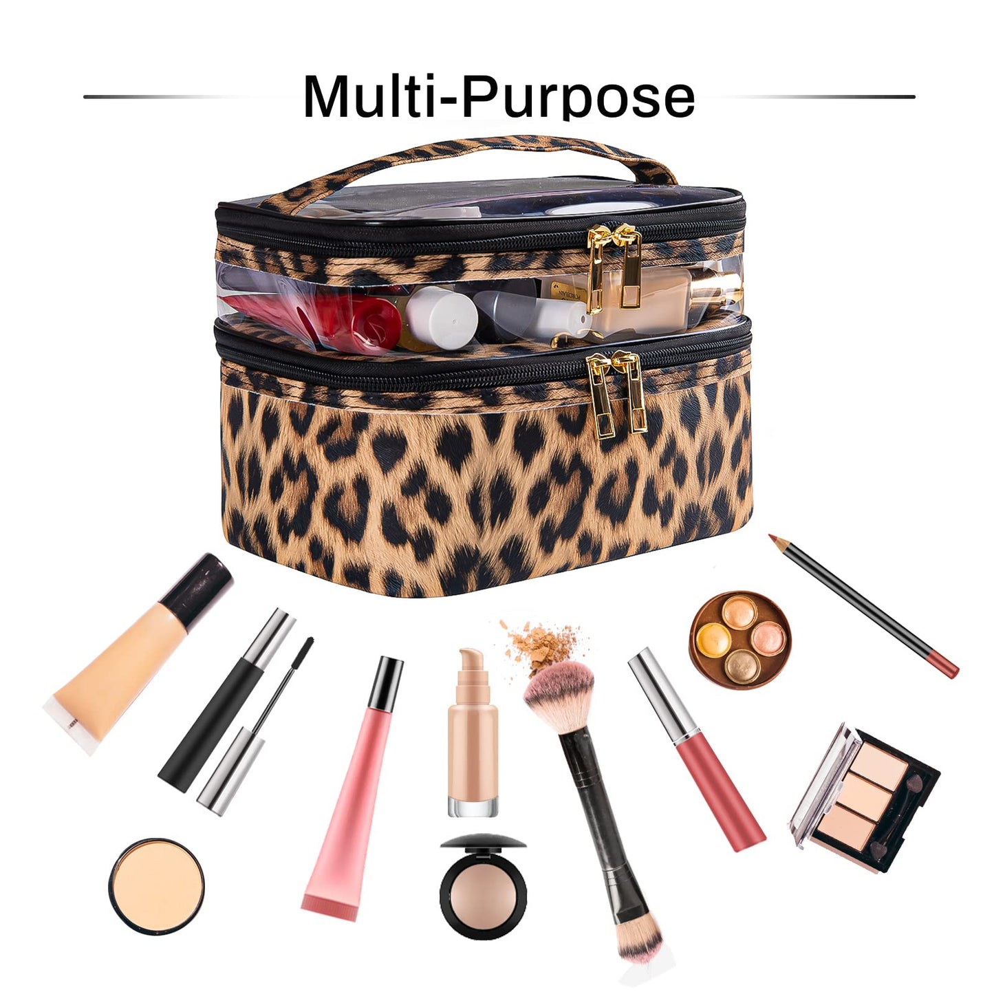 imerelez Double-Layer Cosmetic Bag – Portable Waterproof Travel Makeup Case for Women, Foldable Organizer Pouch (Leopard Print)