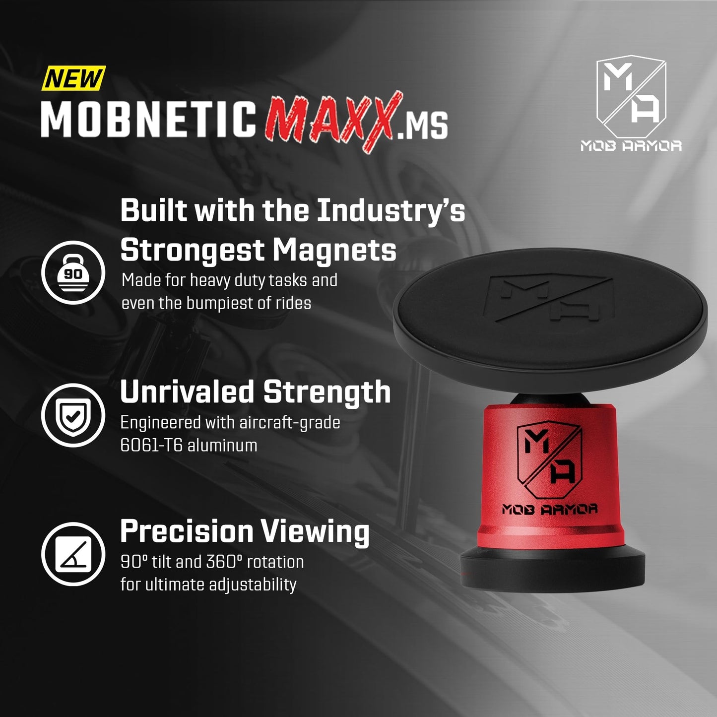 Mob Armor MobNetic Maxx MS - MagSafe Compatible Car Phone Mount w/ 90º Tilt, 360º Rotation & Durable Aluminum Build, Magnetic Holder for iPhone
