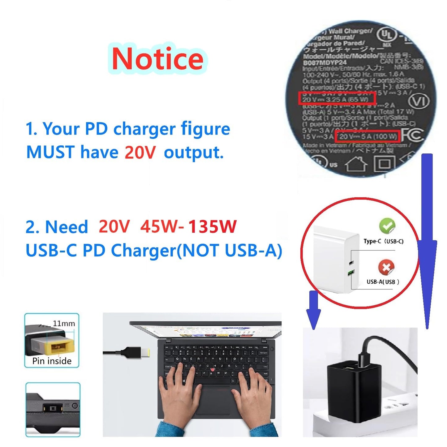 JASHALO 135W Type-C USB-C Cable to DC Rectangle 11.0 * 4.5mm Power PD Charge Cable for Thinkpad X1 Legion Y7000P Laptop DC20V 6.25A (1)