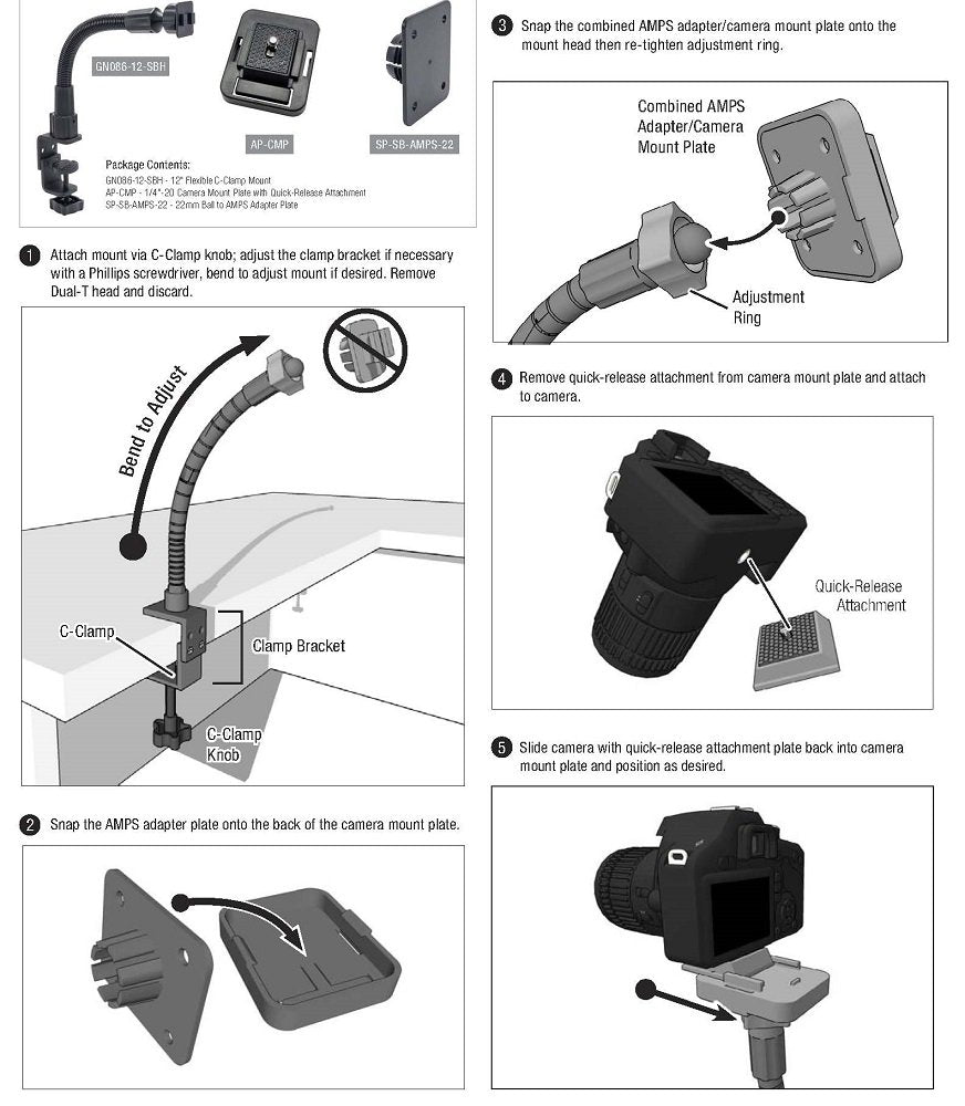 ARKON Mounts Camera Clamp Mount for Cameras | 1/4-20 Adapter | Firm Flexible 12" Gooseneck | Compatible with Canon, Nikon, Sony, Fujifilm, Spotting