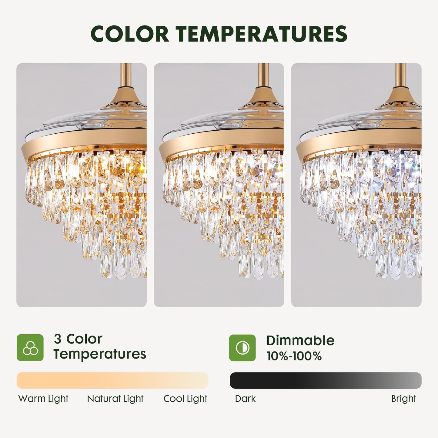 CROSSIO 42" Crystal Fandelier Dimmable, 6 Speeds, Retractable Gold Ceiling Fans with Lights and Remote Luxury Chandelier Fan for Bedroom Dining Room