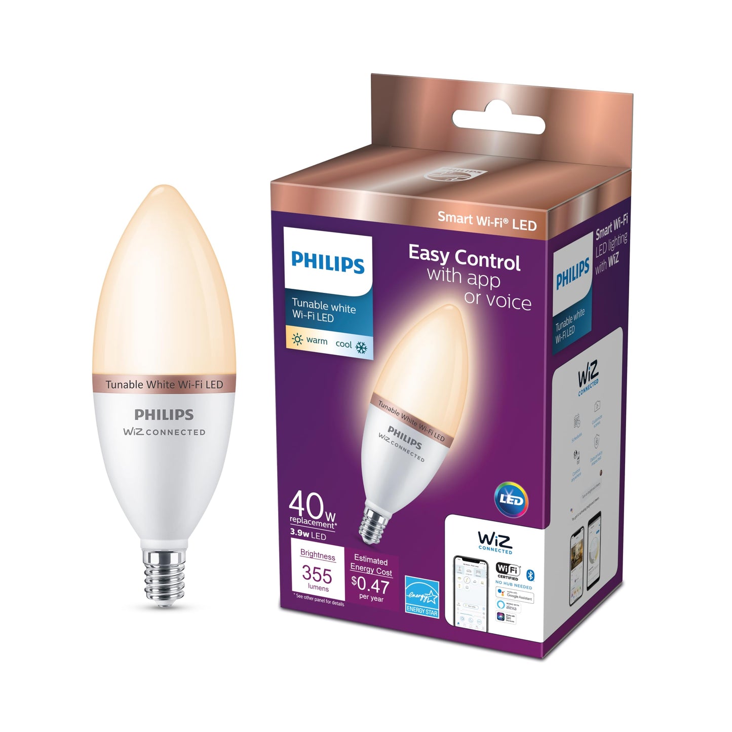 PHILIPS Smart 40-Watt Equivalent B12 LED Smart Wi-Fi Tuneable White Light Bulb Powered by WiZ with Bluetooth (1-Pack)
