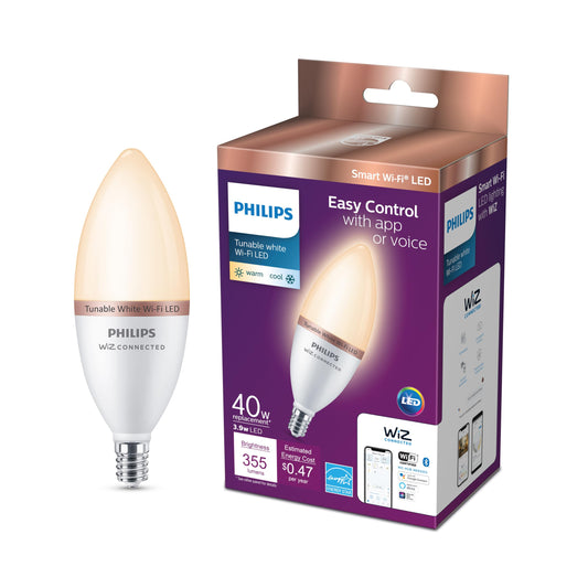 PHILIPS Smart 40-Watt Equivalent B12 LED Smart Wi-Fi Tuneable White Light Bulb Powered by WiZ with Bluetooth (1-Pack)