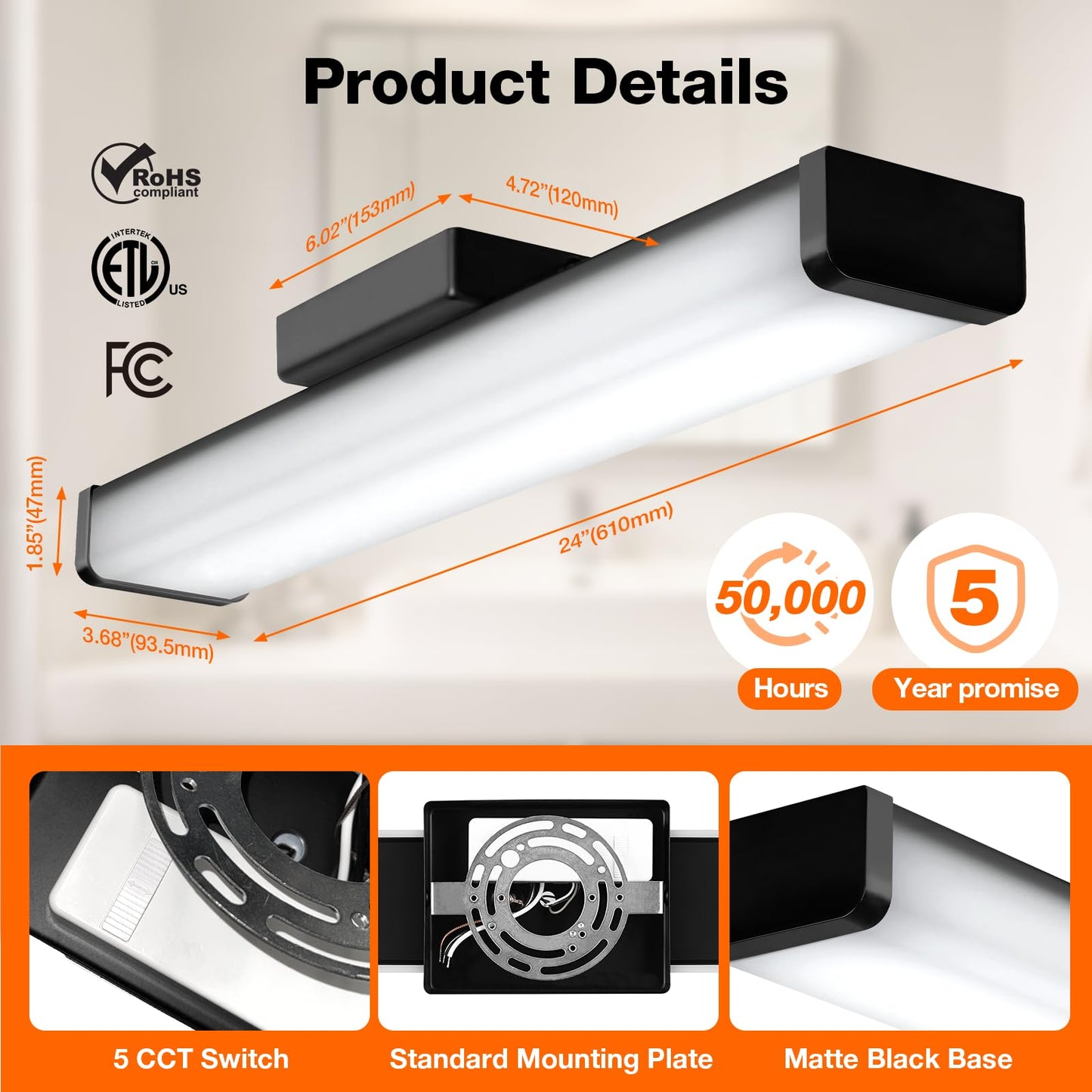 LEDVANCE Sylvania 24" Modern Vanity Lights for Bathroom, 22W, 5 Temperature Select (2700K/3000K/3500K/4000K/6000K), Dimmable, Square Shape, Black
