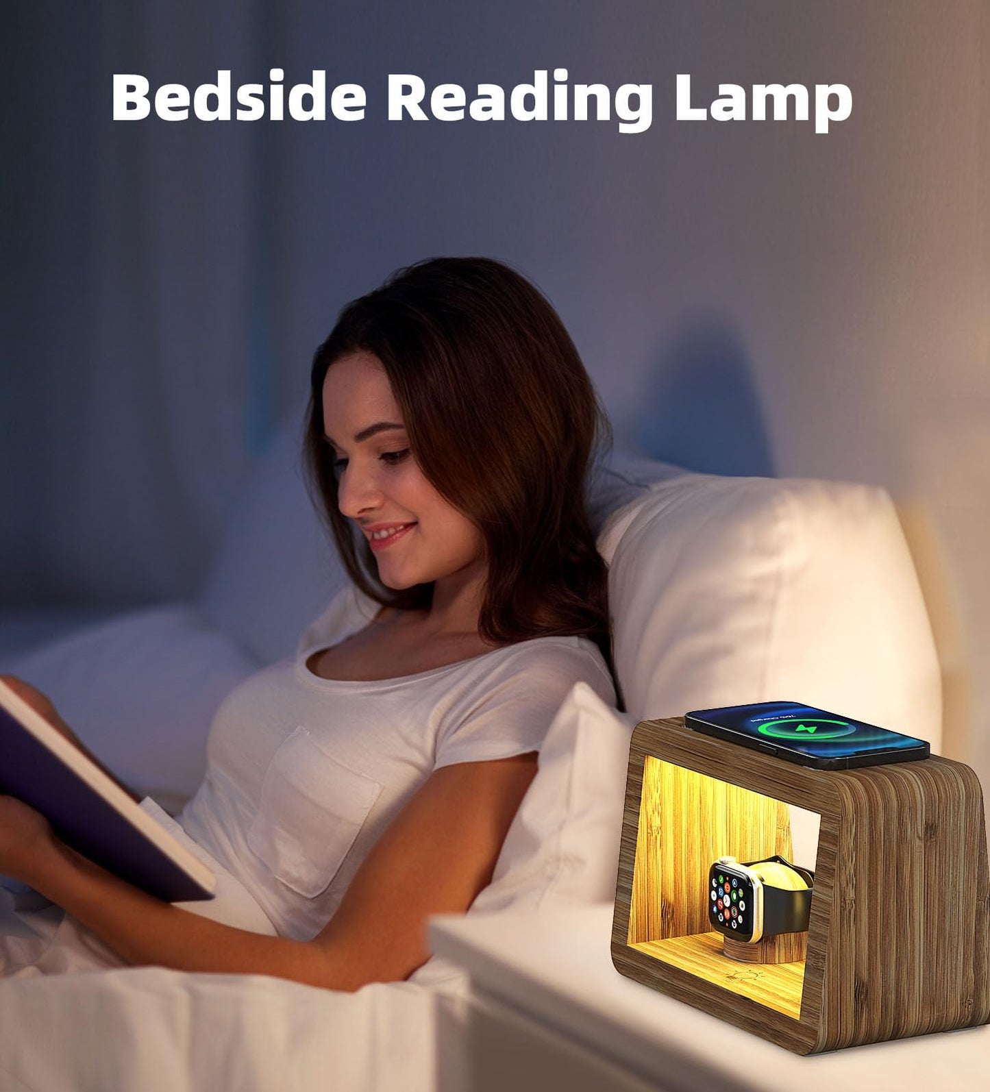 Bamboo Charging Station for Multiple Devices, 15W Fast Wireless Charger Night Light with 3 Color& 4 Adjustable Brightness, Night Stand Charger Station