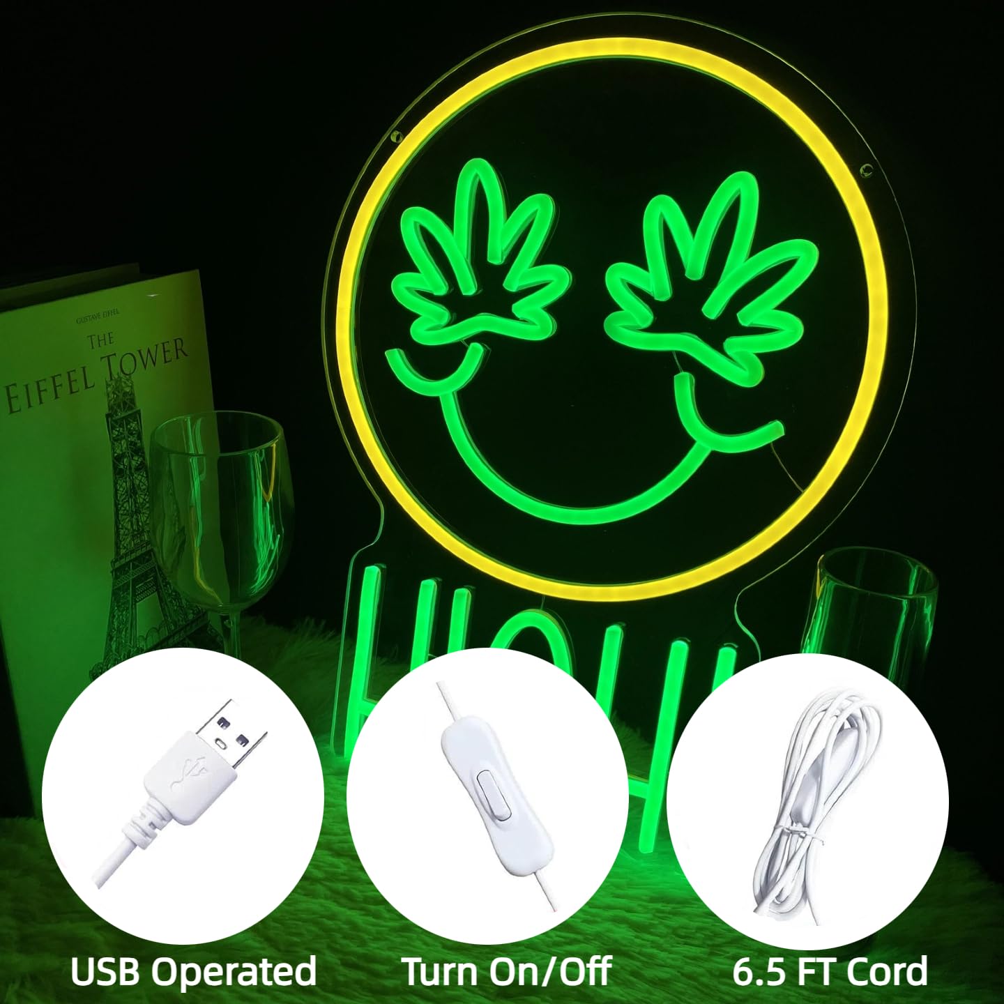 Green High Face Neon Sign for Wall Decor Green Leaf High Face Neon Light Dimmable Light Sign Wall Decor for Man Cave Bar Bedroom Shop Hotel Garage