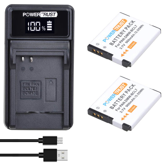 PowerTrust 2Pcs DMW-BCL7 BCL7 BCL7E Battery and LED USB Charger for Panasonic Lumix DMC-F5 DMC-FH10 DMC-FS50 DMC-SZ10 DMC-SZ9 SZ8 SZ3 SZ9 XS1 XS3