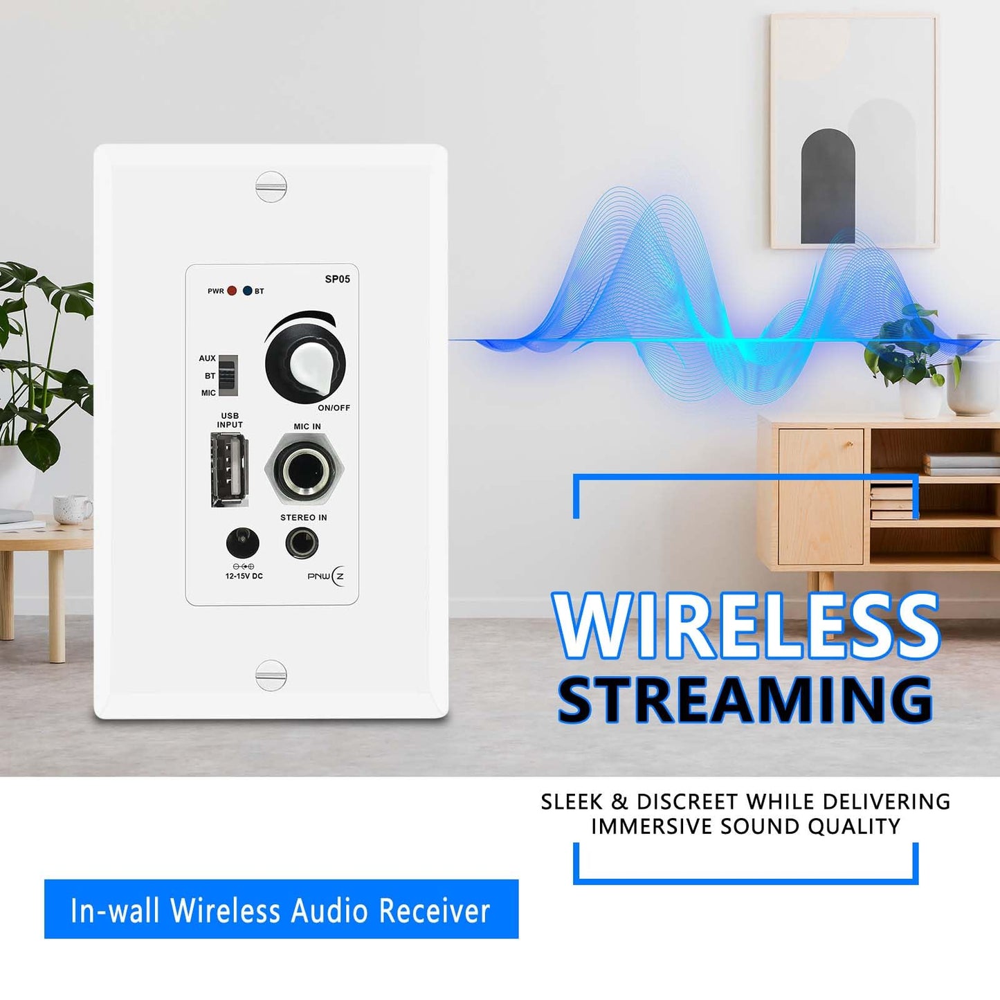 PNWCZ in Wall Audio Control Amplifier Receiver Compatible with Bluetooth 2 Channel Wall Plate with USB Microphone Aux (3.5mm) Input 120W for Sound