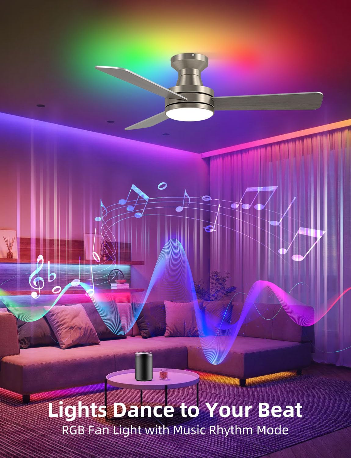 Homlit 42 inch RGB Ceiling Fan with Light, Smart App & Remote Control Low Profile Flush Mount, Music Sync Lighting, 6-Speed Quiet Reversible DC Motor