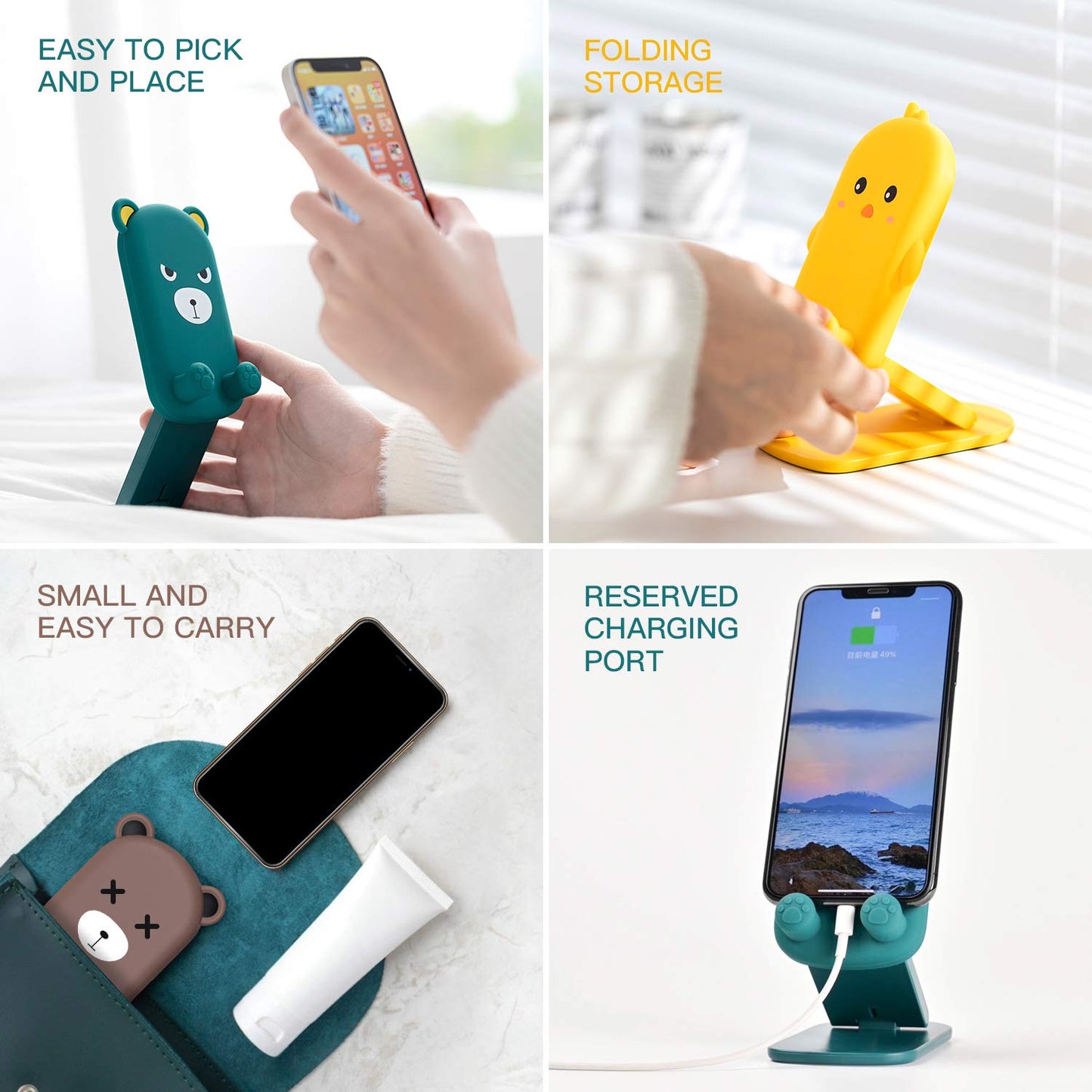 Anpdasi Cute Cell Phone Stand Foldable Adjustable Animal Phone Holder for Desk Silicone Protection Compatible with iPhone 16 15 14 13 12 Pro Max iPad
