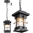 EERU Motion Outdoor Pendant Light Fixture with Dusk to Dawn Sensor Exterior Hanging Lantern with Adjustable Chain Black with Seeded Glass Outside