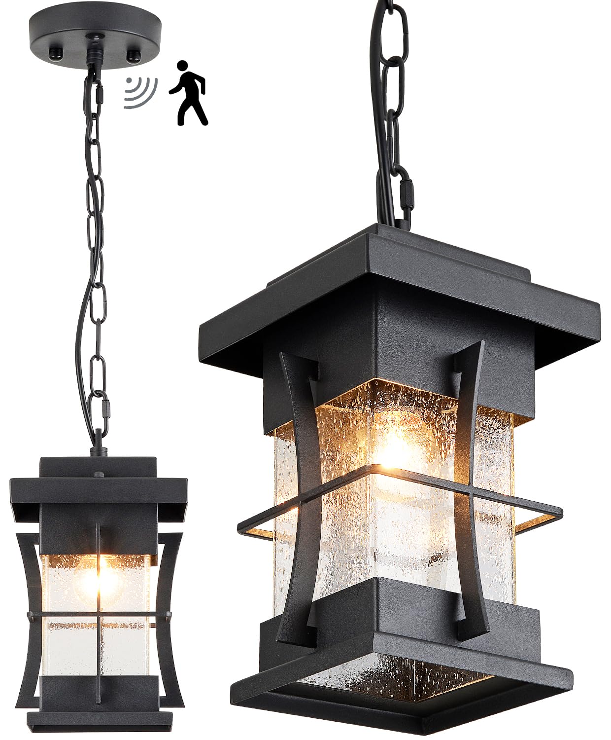 EERU Motion Outdoor Pendant Light Fixture with Dusk to Dawn Sensor Exterior Hanging Lantern with Adjustable Chain Black with Seeded Glass Outside