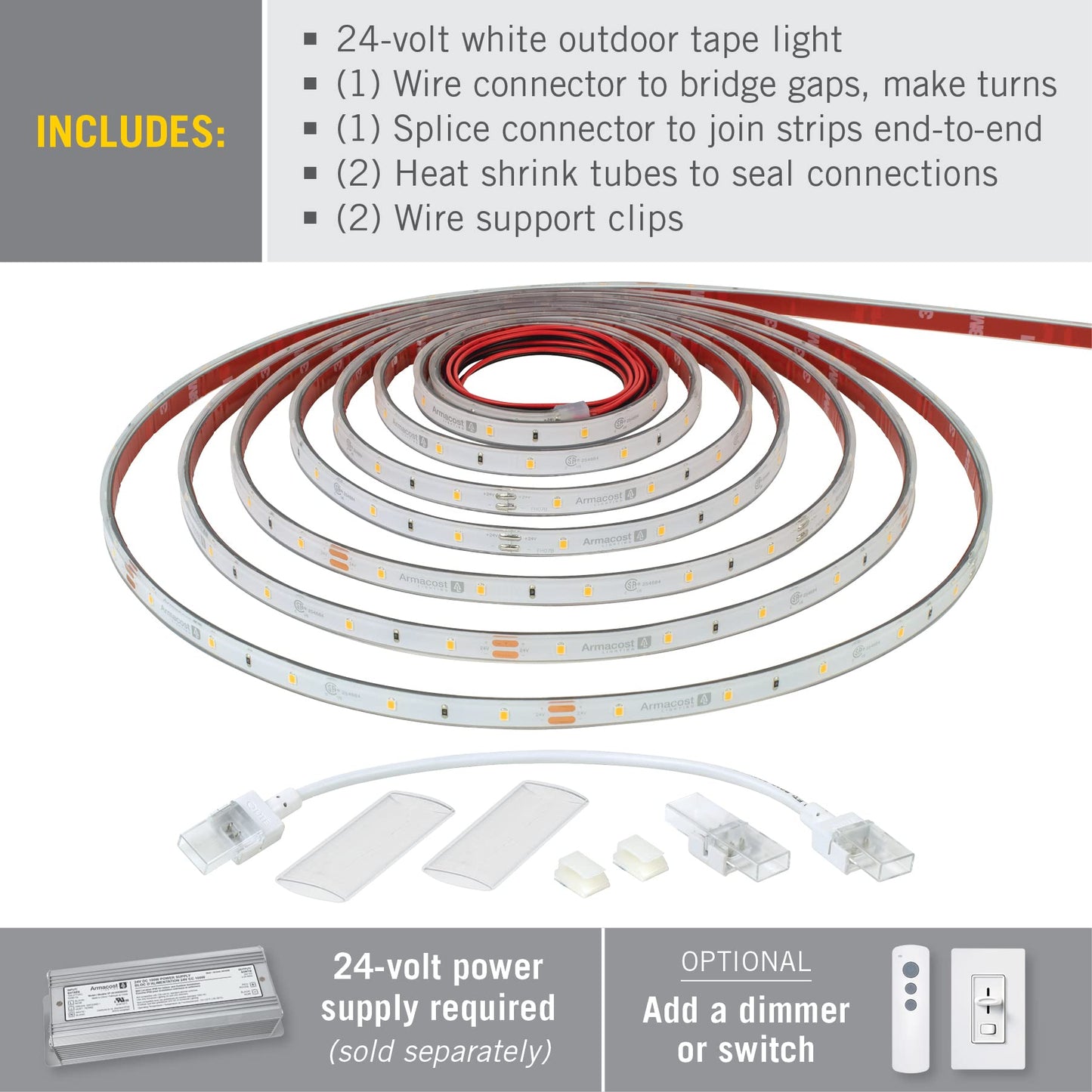 Armacost Lighting RibbonFlex Pro Bright White (4000K), 30LEDs/M, 2.5M, 24V Outdoor Tape Light, 8.2 ft (154410)