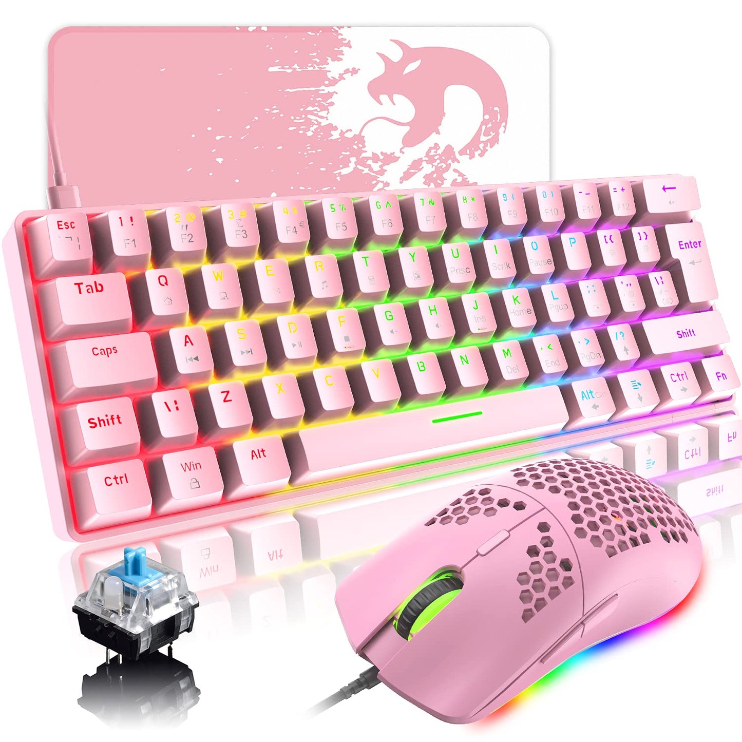 Portable 60% Mechanical Gaming Keyboard, 62-Key Mini Wired Office Keyboard, Blue Switch LED Backlight for Windows Laptop Mac Easy to Travel