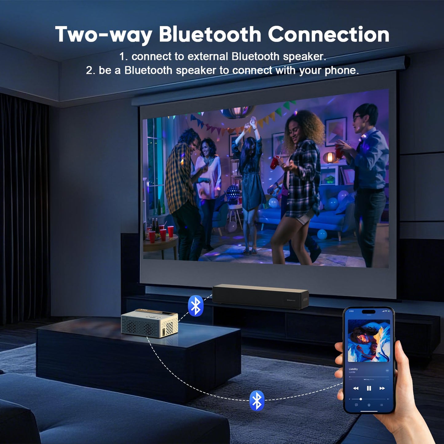 TMY 1080P Full HD Portable Mini Projector, Upgraded Bluetooth Movie Projector with Screen, Compatible with TV Stick Smartphone/HDMI/USB, Indoor